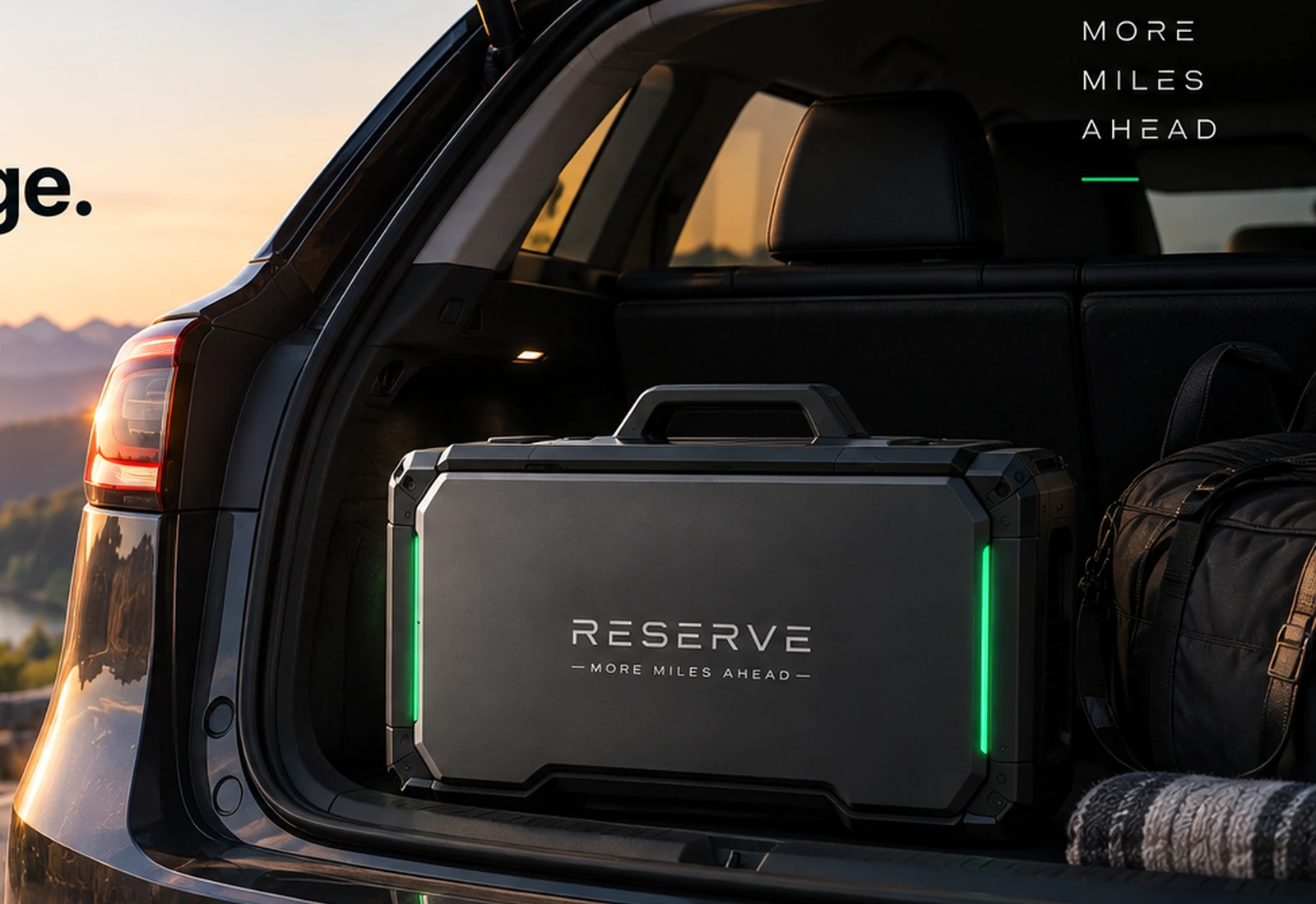 RESERVE portable energy system secured inside an open EV trunk overlooking mountain roads